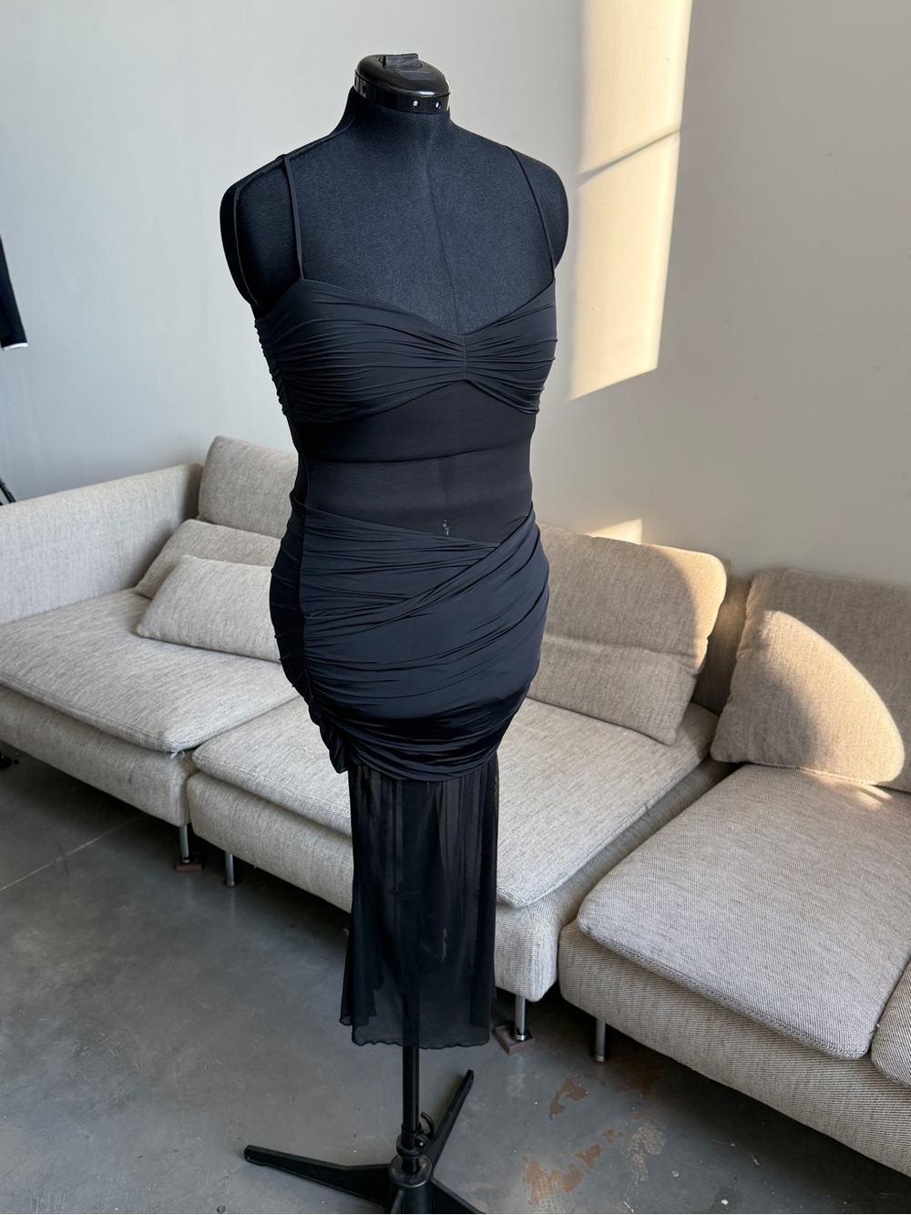 Oh Polly Black Ruched Midi Dress with Sheer Panel